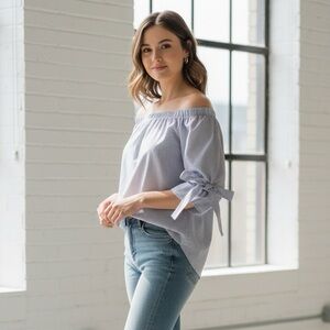 Babaton Light Blue/White Off Shoulder Blouse 100% cotton